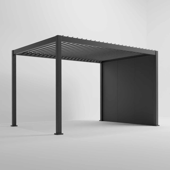 Nova Titan Pergola with Solid insulated wall accessory added with pure white back ground. side angle with 3 panels 1 full wall.