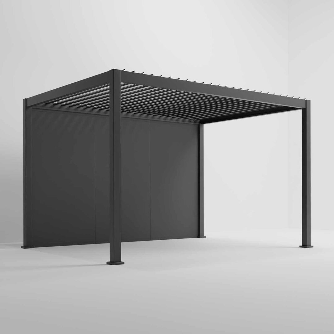 Nova Titan Pergola with Solid insulated wall accessory added with pure white back ground. left side angle with 3 panels 1 full wall.