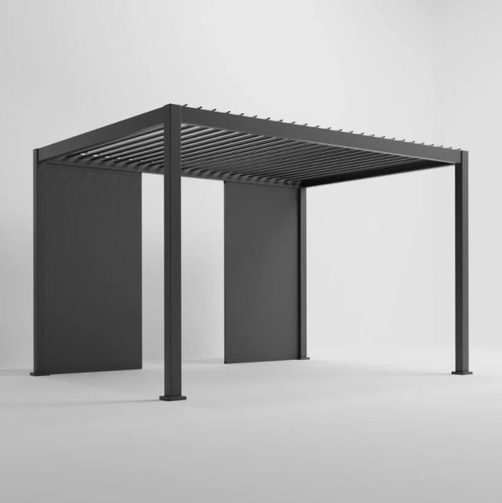 Nova Titan Pergola with Solid insulated wall accessory added with pure white back ground. side angle with 2 panels on back wall.