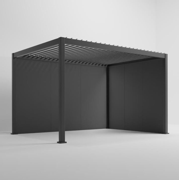 Nova Titan Pergola with Solid insulated wall accessory added with pure white back ground. side angle with 6 panels 2 full walls.