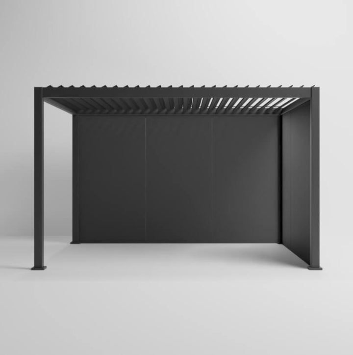 Nova Titan Pergola with Solid insulated wall accessory added with pure white back ground. side angle with 6 panels 2 full walls front shot