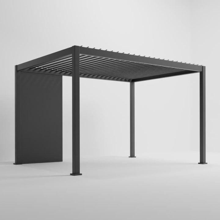 Nova Titan Pergola with Solid insulated wall accessory added with pure white back ground. side angle with 1 panels on back wall.