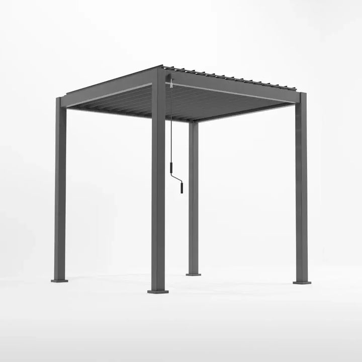 Nova Titan Aluminium Pergola Legacy 2.4M x 2.4M. Grey metal pergola on a white background roof louvers open.