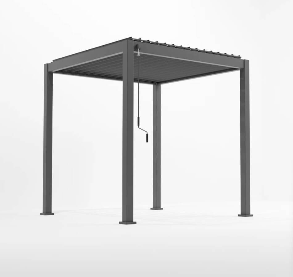 Nova Titan Aluminium Pergola Legacy 2.4M x 2.4M. Grey metal pergola on a white background roof louvers open. Angled shot.