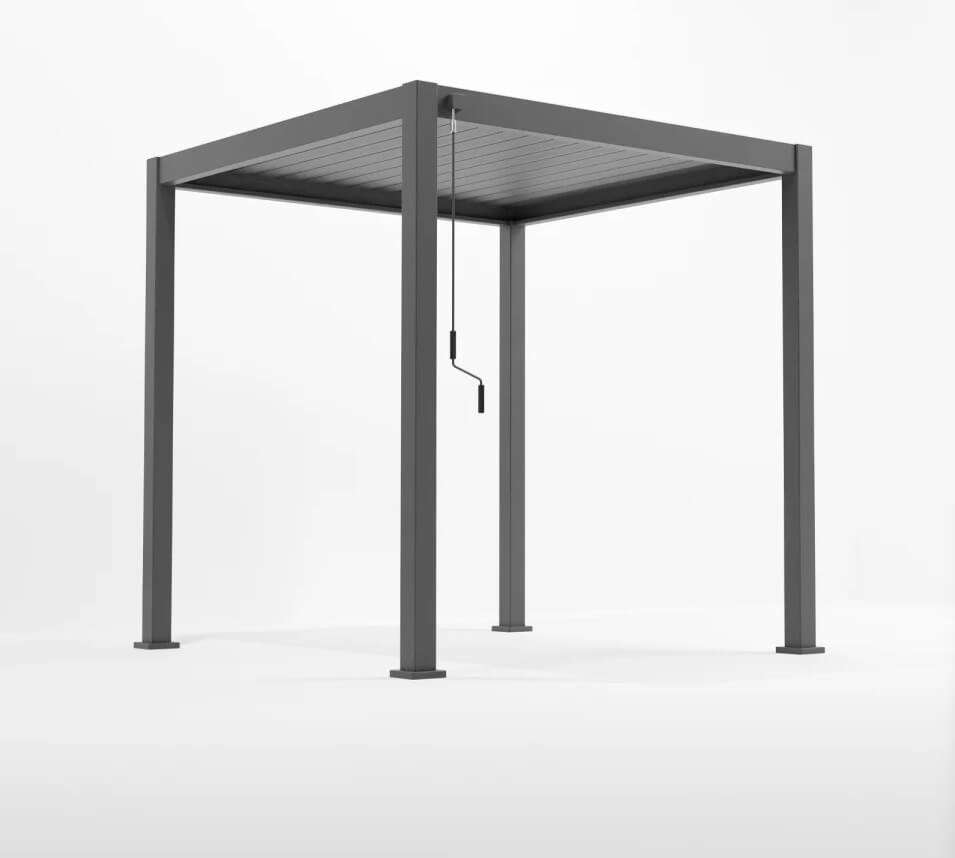 Nova Titan Aluminium Pergola Legacy 2.4M x 2.4M. Grey metal pergola on a white background roof louvers closed.