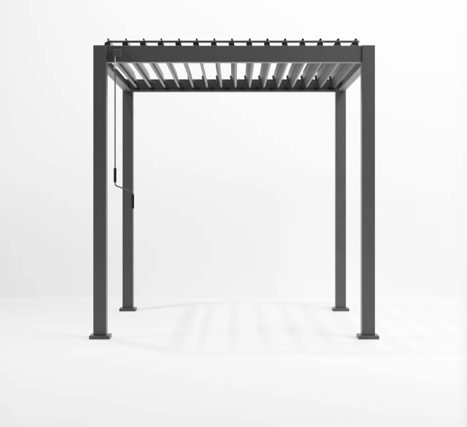 Nova Titan Aluminium Pergola Legacy 2.4M x 2.4M. Grey metal pergola on a white background roof louvers open. Straight on shot.