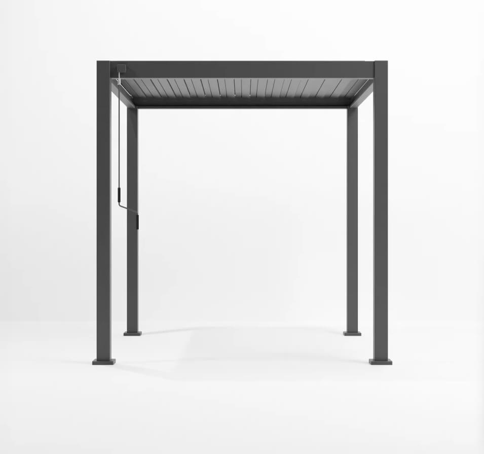 Nova Titan Aluminium Pergola Legacy 2.4M x 2.4M. Grey metal pergola on a white background roof louvers closed straight on shot.