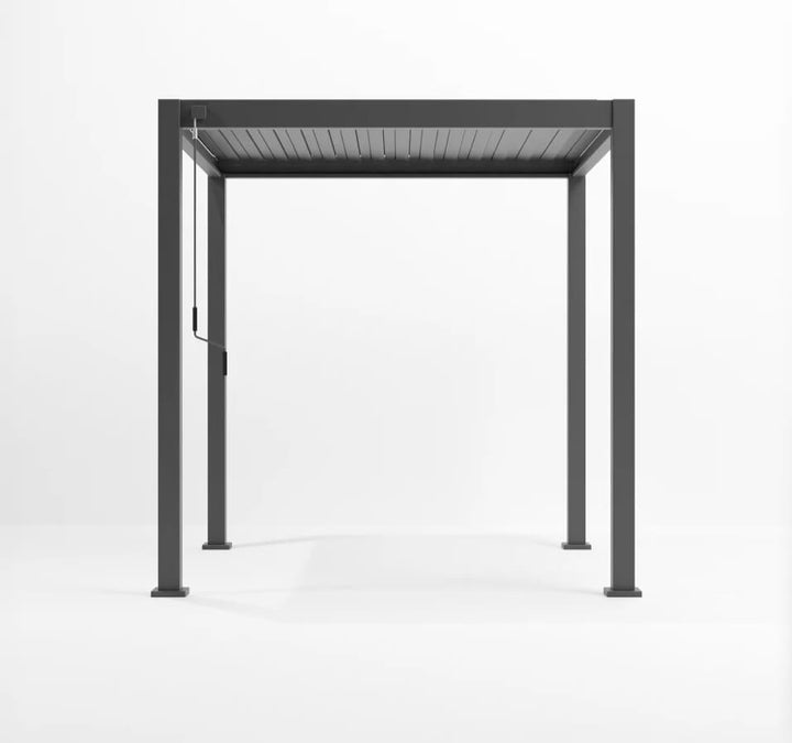 Nova Titan Aluminium Pergola Legacy 2.4M x 2.4M. Grey metal pergola on a white background roof louvers closed straight on shot.