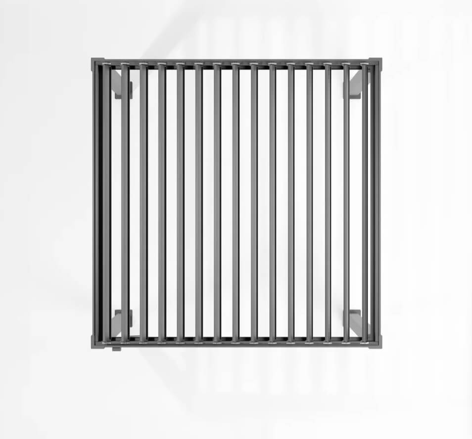 Nova Titan Aluminium Pergola Legacy 2.4M x 2.4M. Grey metal pergola on a white background roof louvers open. Aerial shot.