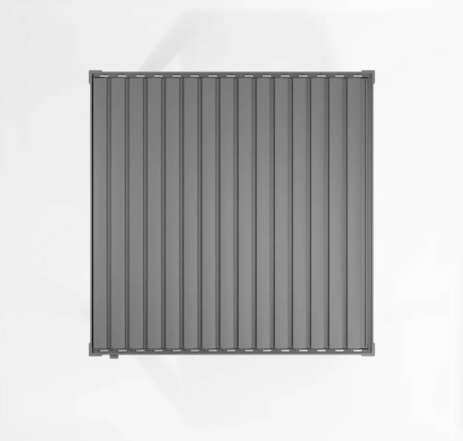 Nova Titan Aluminium Pergola Legacy 2.4M x 2.4M. Grey metal pergola on a white background roof louvers closed. Top shot.
