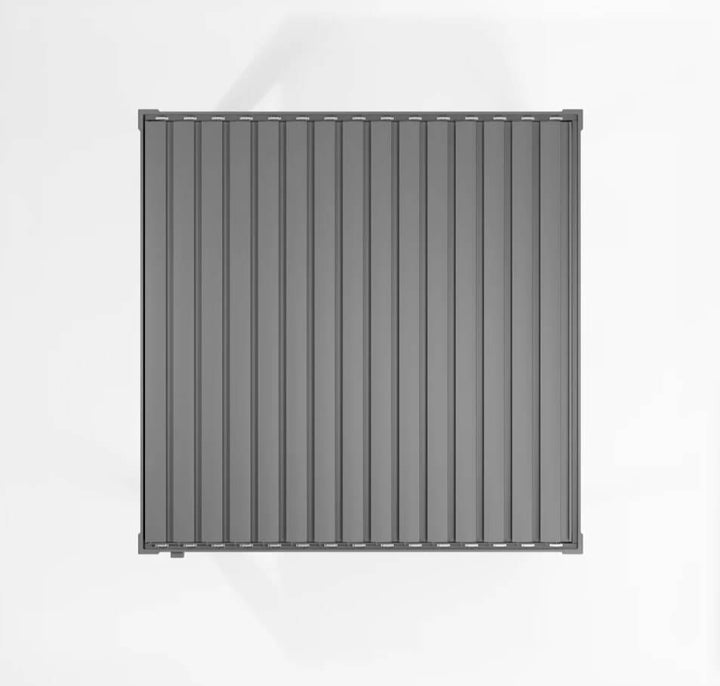 Nova Titan Aluminium Pergola Legacy 2.4M x 2.4M. Grey metal pergola on a white background roof louvers closed. Top shot.