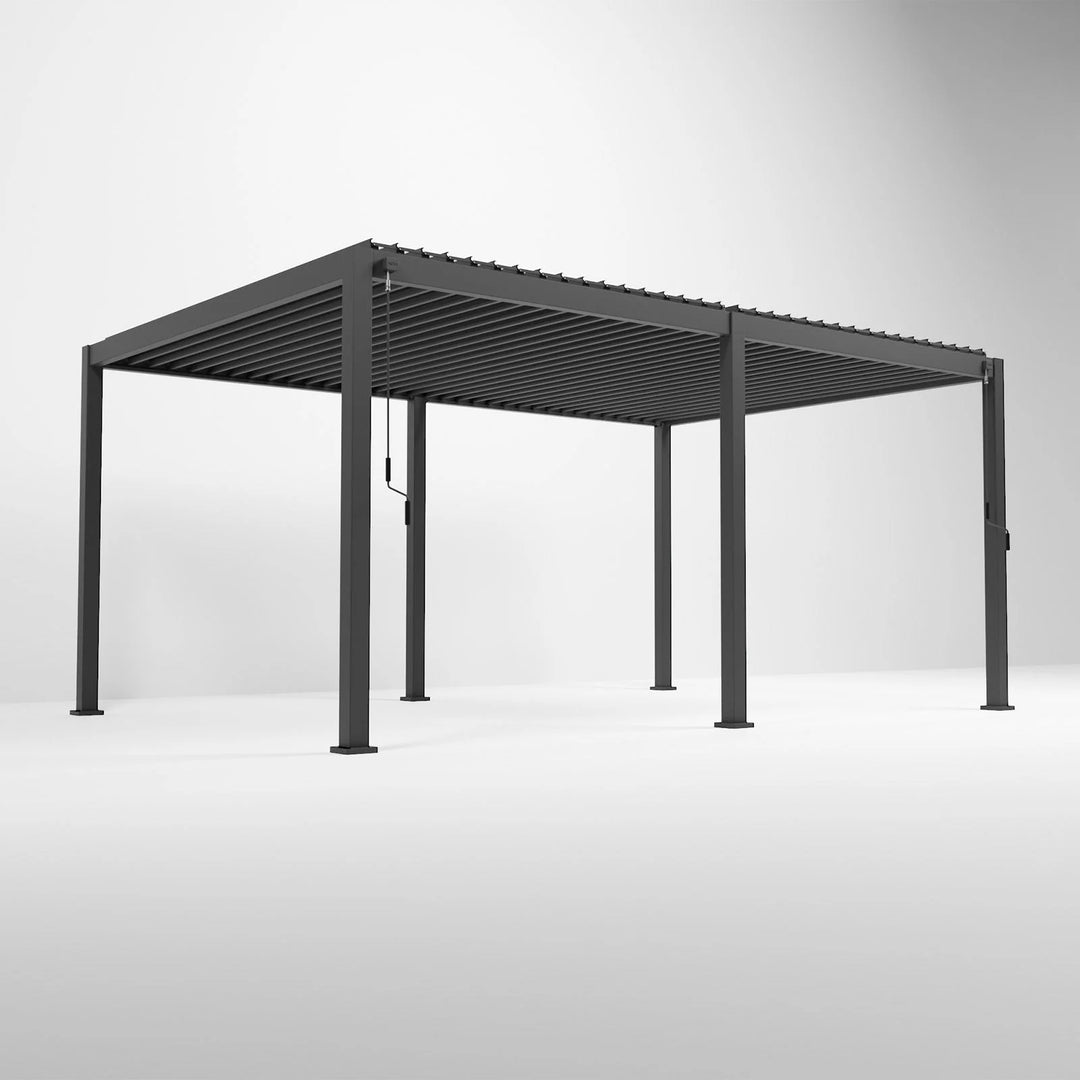 A rectangular, grey Nova Titan Aluminium pergola with visible support legs, designed for outdoor use. Corner shot with louvers open.