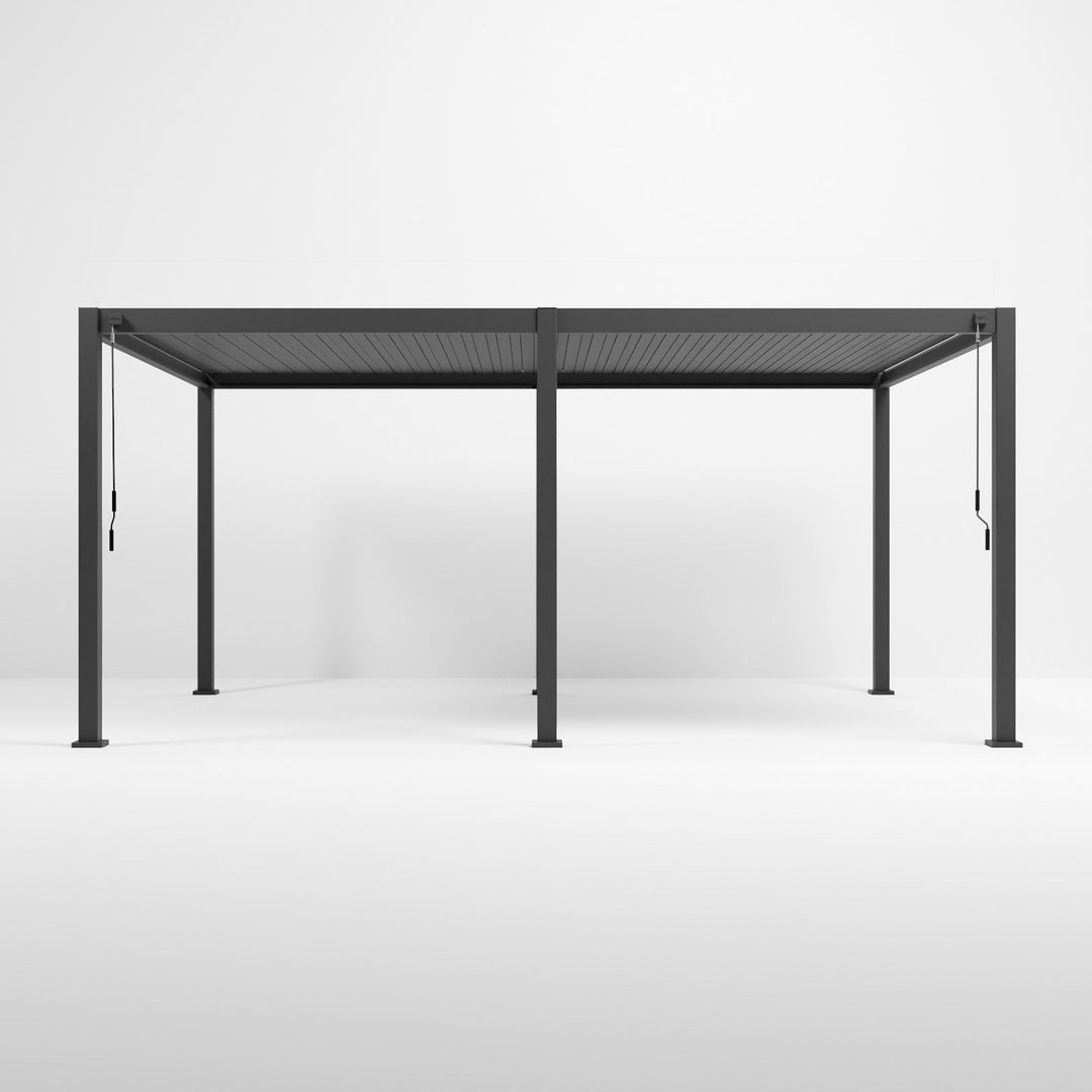 A rectangular, grey Nova Titan Aluminium pergola with 6 visible support legs, designed for outdoor use. Front on shot with louvers closed. On a plain white back ground.