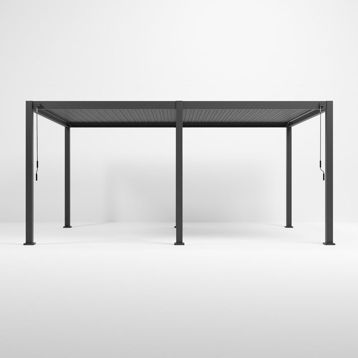 A rectangular, grey Nova Titan Aluminium pergola with 6 visible support legs, designed for outdoor use. Front on shot with louvers closed. On a plain white back ground.