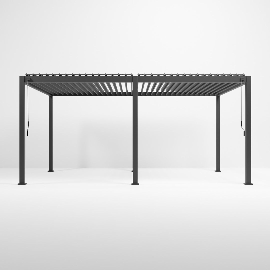 A rectangular, grey Nova Titan Aluminium pergola with 6 visible support legs, designed for outdoor use. Front on shot with louvers open. On a plain white back ground.
