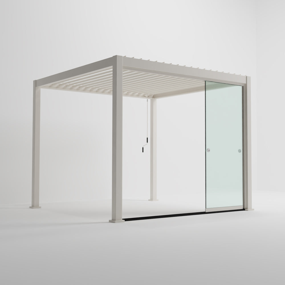 Nova Titan Pergola French Sliding Door System From Midland Garden Furniture. Pebble Pergola on White Back Ground with 3M sliding glass system to the front, side on shot with glass doors open.