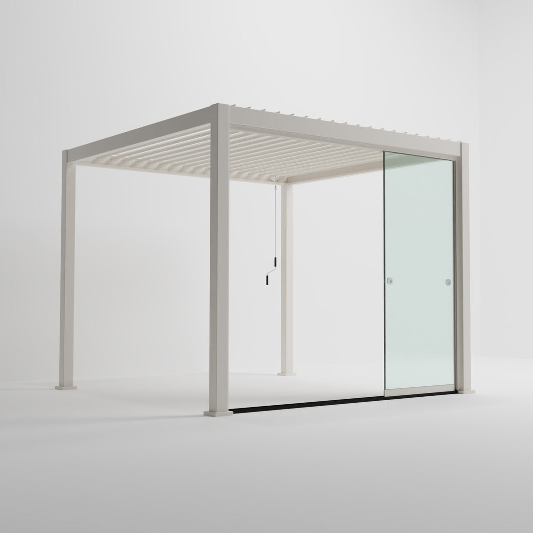 Nova Titan Pergola French Sliding Door System From Midland Garden Furniture. Pebble Pergola on White Back Ground with 3M sliding glass system to the front, side on shot with glass doors open.