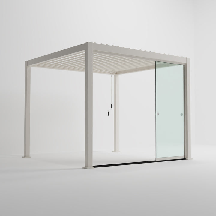 Nova Titan Pergola French Sliding Door System From Midland Garden Furniture. Pebble Pergola on White Back Ground with 3M sliding glass system to the front, side on shot with glass doors open.