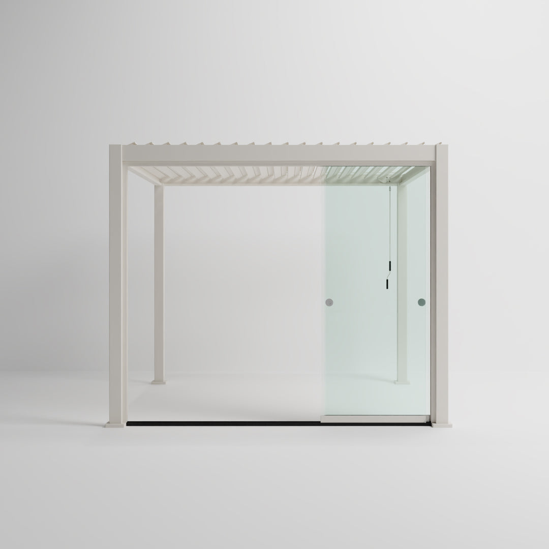 Nova Titan Pergola French Sliding Door System From Midland Garden Furniture. Pebble Pergola on White Back Ground with 3M sliding glass system to the front, side on shot with sliding doors open.