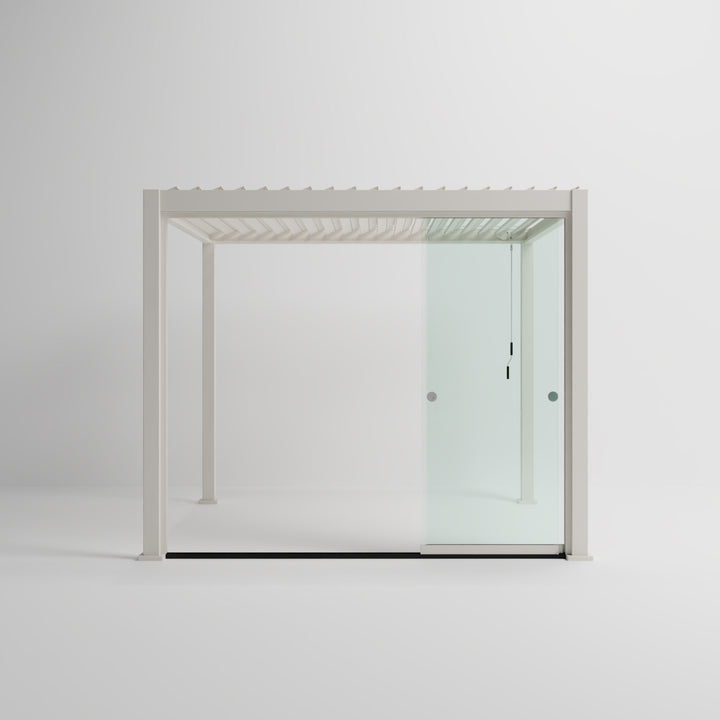Nova Titan Pergola French Sliding Door System From Midland Garden Furniture. Pebble Pergola on White Back Ground with 3M sliding glass system to the front, side on shot with sliding doors open.