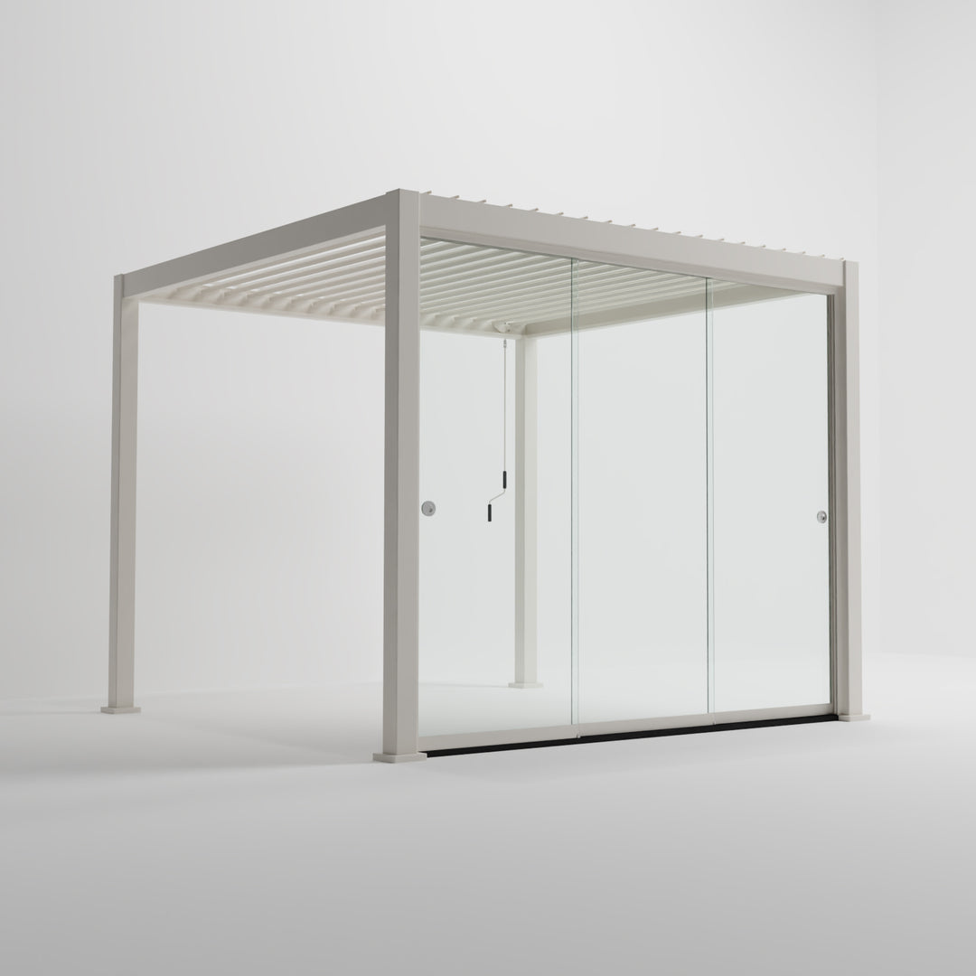 Nova Titan Pergola French Sliding Door System From Midland Garden Furniture. Pebble Pergola on White Back Ground with 3M sliding glass system to the front, side on shot.
