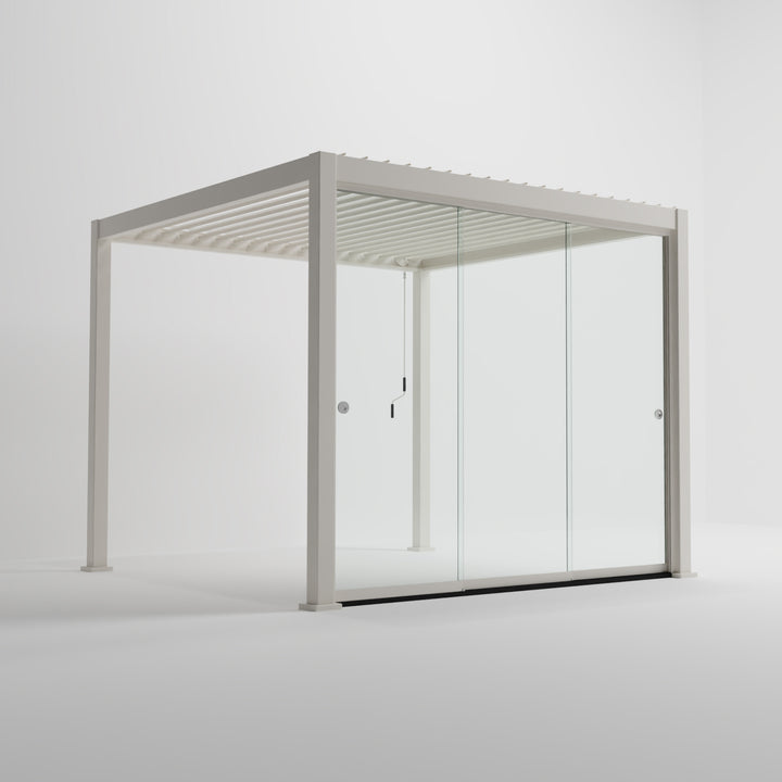 Nova Titan Pergola French Sliding Door System From Midland Garden Furniture. Pebble Pergola on White Back Ground with 3M sliding glass system to the front, side on shot.