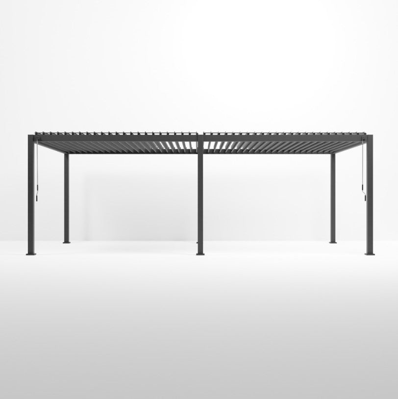 A rectangular, grey  Nova Titan aluminium pergola with 6 leg posts and roof louvres , designed for outdoor use. Front shot, louvers open.