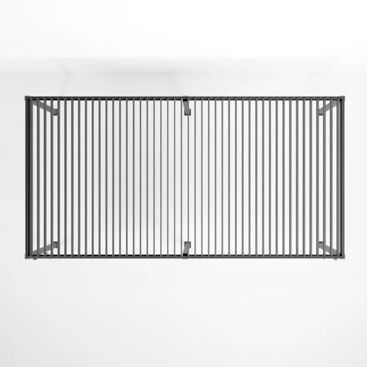 A rectangular, grey  Nova Titan aluminium pergola with 6 leg posts and roof louvres , designed for outdoor use. Ariel shot, louvers open.