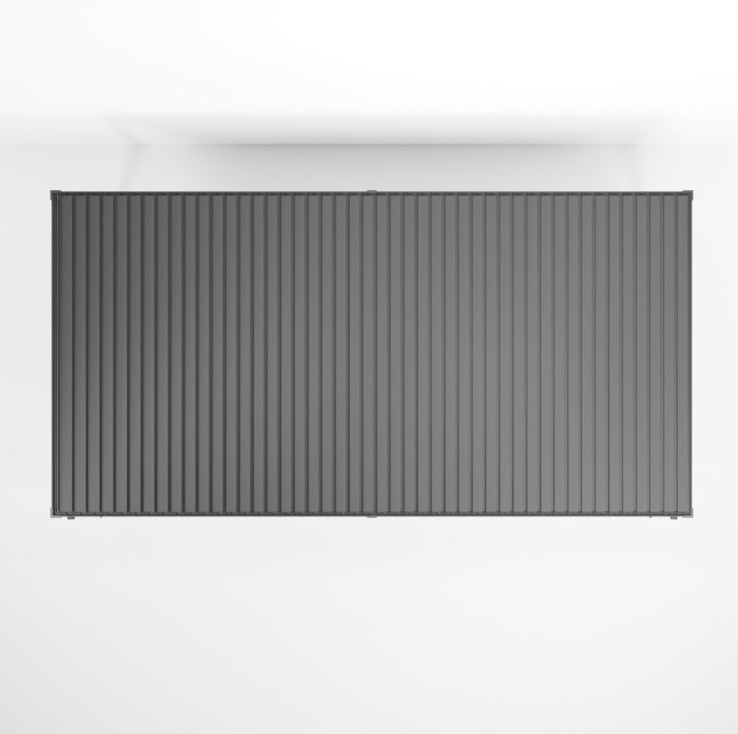 A rectangular, grey  Nova Titan aluminium pergola with 6 leg posts and roof louvres , designed for outdoor use. Ariel shot, louvers closed.