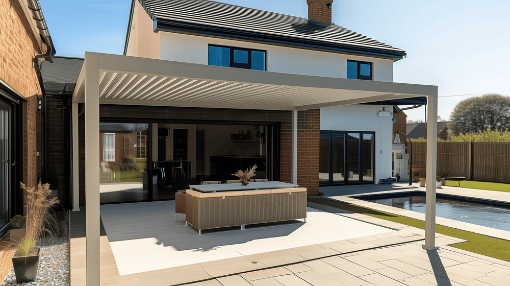 Nova Titan Pebble Grey Pergola in back garden of new build executive house with glass doors from kitchen and living room and swimming pool.