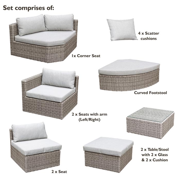 Rowlinson Marbella Multifunction Set rattan garden furniture modular dimensions chart with how many items are within the set
