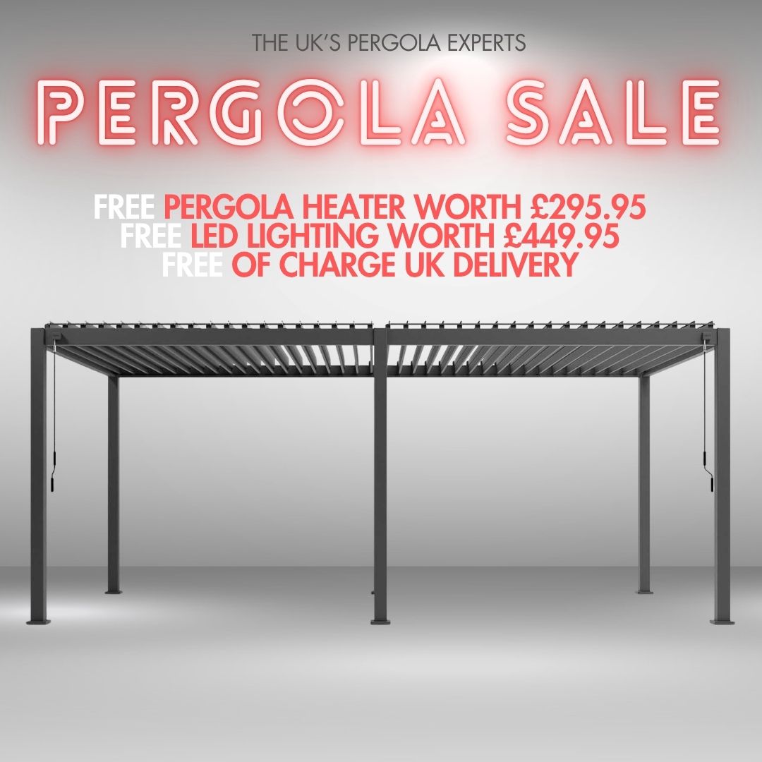 Advertisement for pergola sale with text and a pergola structure on a grey background. Pergola with promotional text about sale, warranty, and free items on a Gray background. Hanover Signature From Midland Garden Furniture. 4M x 3M no discount all at top