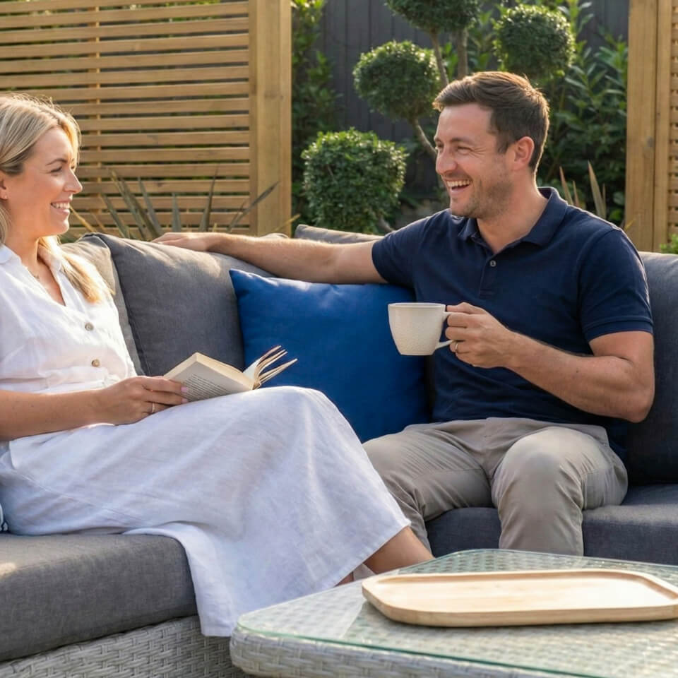 A man and a woman relax on a gray outdoor patio sofa, smiling and chatting. The man holds a white mug, the woman reads a book, and a glass coffee table with a wooden tray sits in the foreground. Alba Scatter cushion NOVA Whitestores from Midland Garden Furniture.