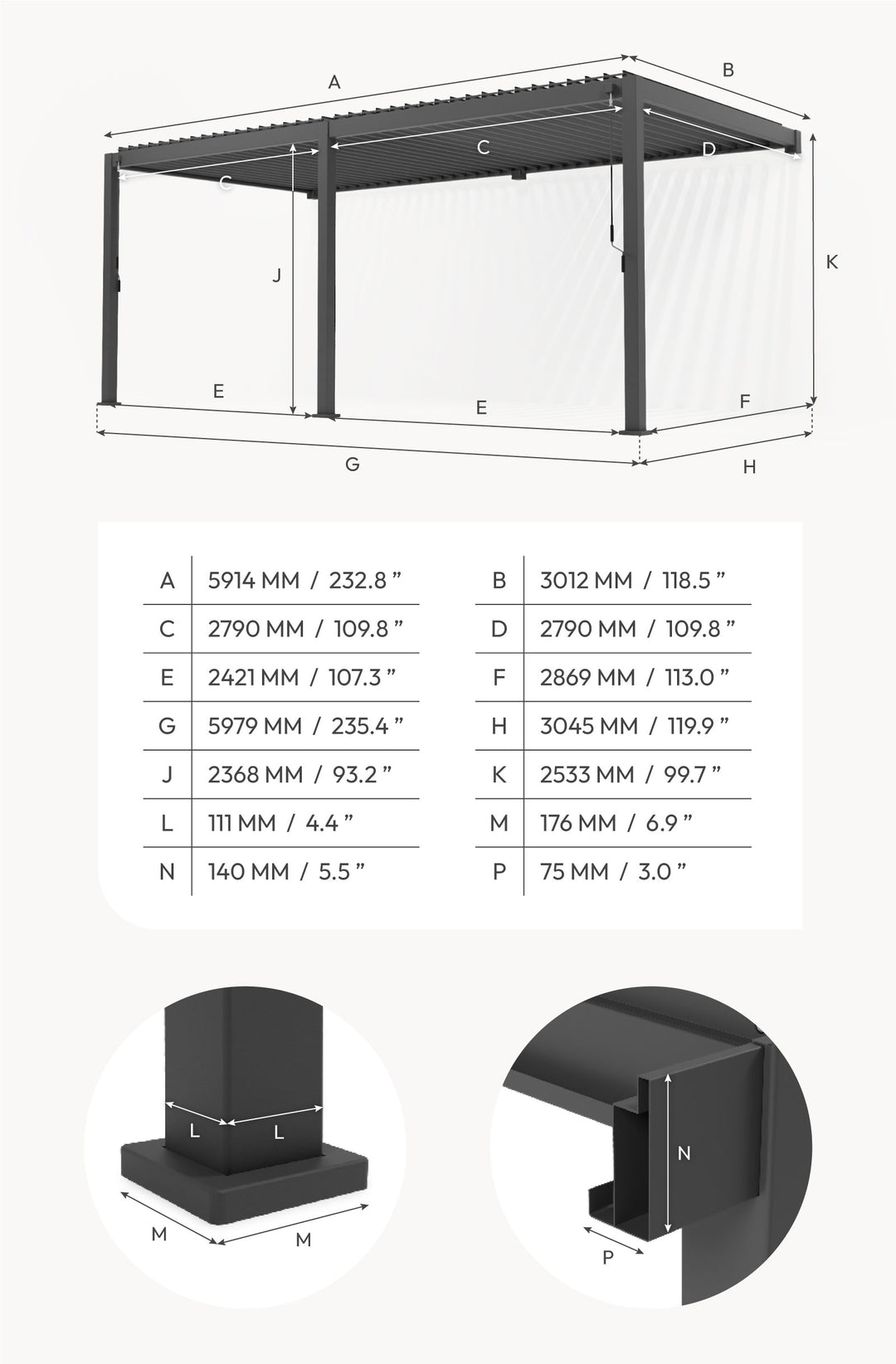 6M x 3M Rectangular NOVA TITAN WALL MOUNTED Pergola GREY New 2025 Model