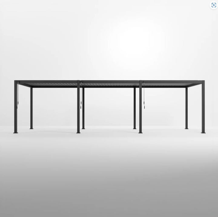 Nova Titan Grey Pergola 9M x 3M 8 leg posts, with louvered roof on white back ground. Front shot with louvered Pergola roof closed.